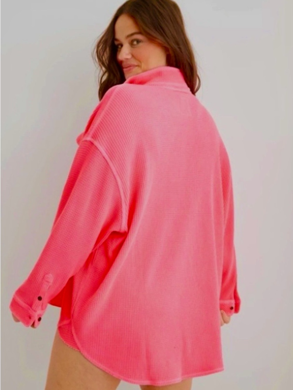 Aerie Lumberjane Waffle Shirt Shacket Coral Sun Neon Pink Oversized Small - Picture 12 of 12